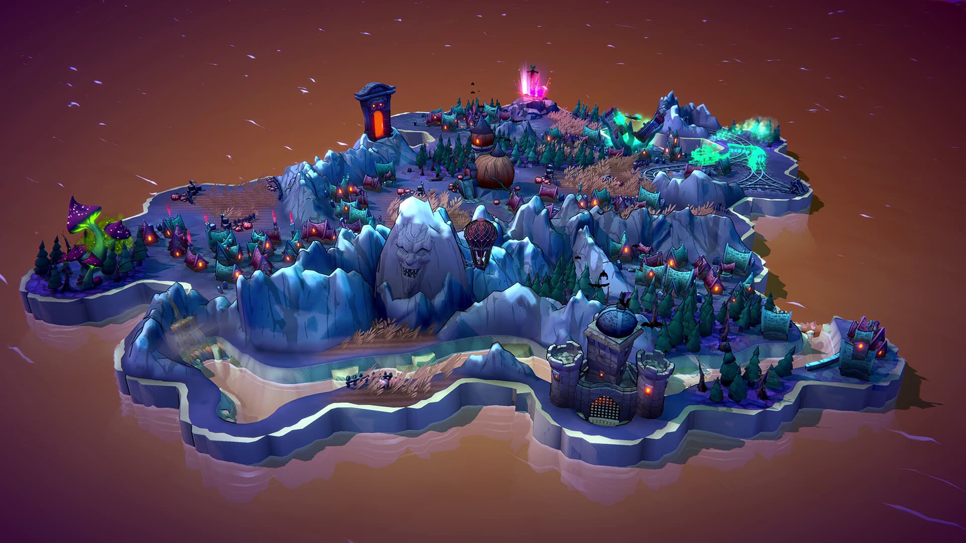 Fangtopia landscape made of hexagonal tiles, with a castle and colorful trees.